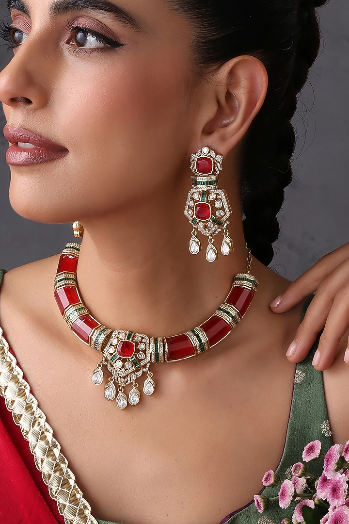 Gold Finish Ruby & Kundan Polki Handcrafted Hasli Necklace Set by Swabhimann Jewellery at Pernia's Pop Up Shop