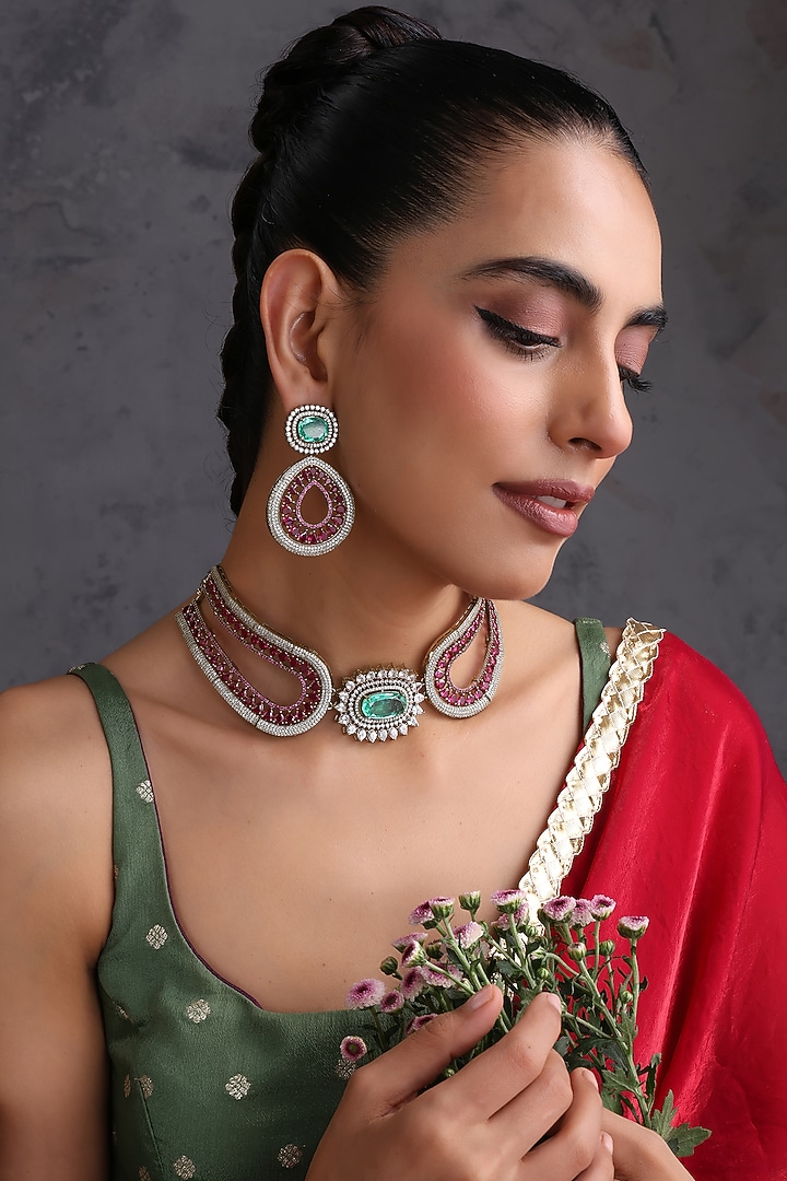 Gold Finish Ruby & Emerald Handcrafted Choker Necklace Set by Swabhimann Jewellery at Pernia's Pop Up Shop