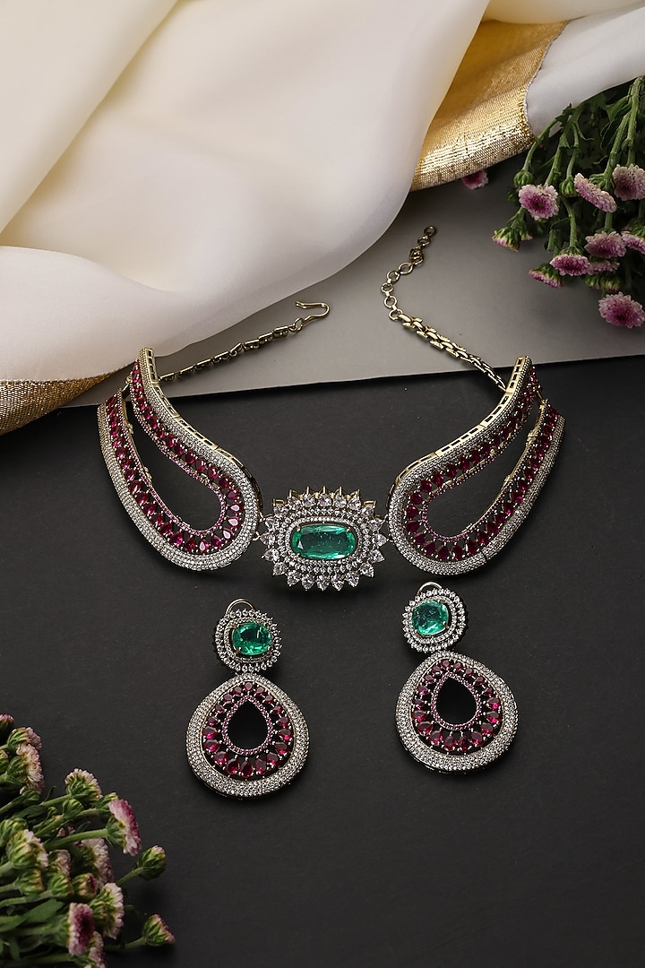 Gold Finish Ruby & Emerald Handcrafted Choker Necklace Set by Swabhimann Jewellery at Pernia's Pop Up Shop