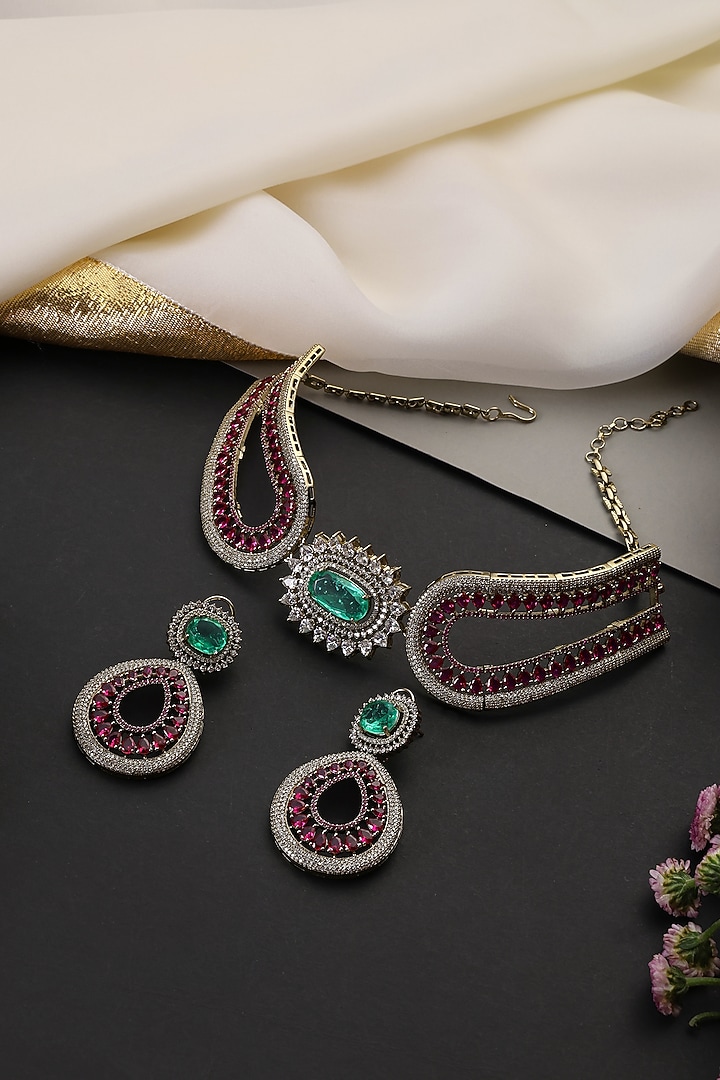 Gold Finish Ruby & Emerald Handcrafted Choker Necklace Set by Swabhimann Jewellery at Pernia's Pop Up Shop