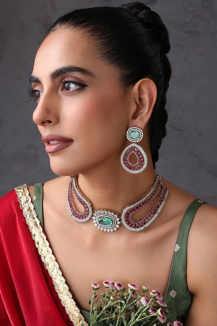 Gold Finish Ruby & Emerald Handcrafted Choker Necklace Set by Swabhimann Jewellery at Pernia's Pop Up Shop