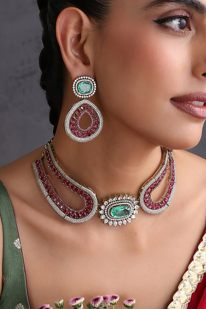 Gold Finish Ruby & Emerald Handcrafted Choker Necklace Set by Swabhimann Jewellery at Pernia's Pop Up Shop