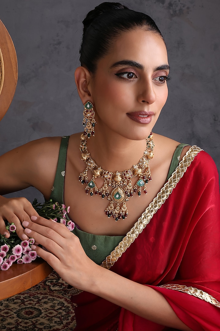 Gold Finish Multi-Colored Kundan Polki Handcrafted Temple Necklace Set by Swabhimann Jewellery at Pernia's Pop Up Shop
