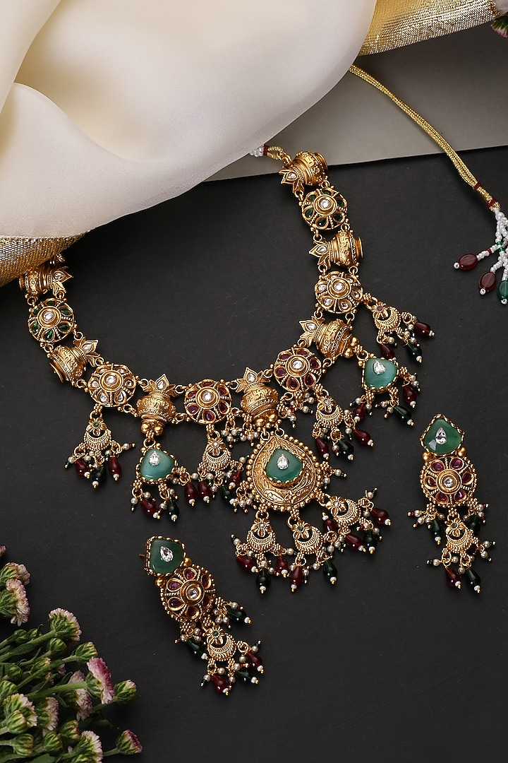 Gold Finish Multi-Colored Kundan Polki Handcrafted Temple Necklace Set by Swabhimann Jewellery at Pernia's Pop Up Shop