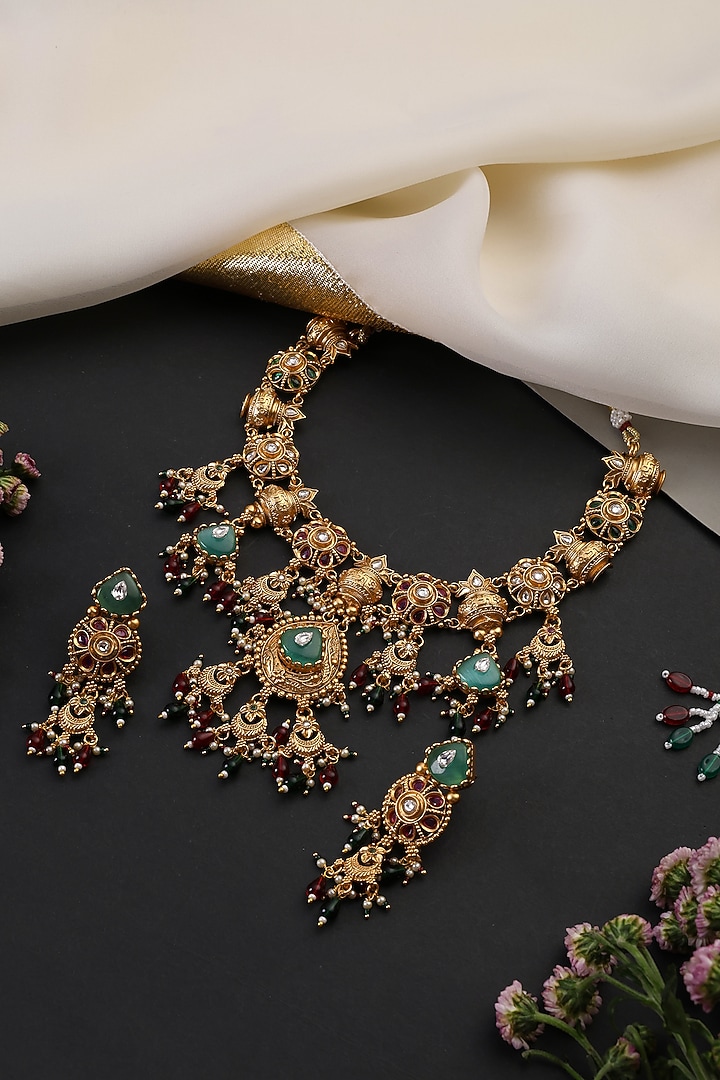 Gold Finish Multi-Colored Kundan Polki Handcrafted Temple Necklace Set by Swabhimann Jewellery at Pernia's Pop Up Shop