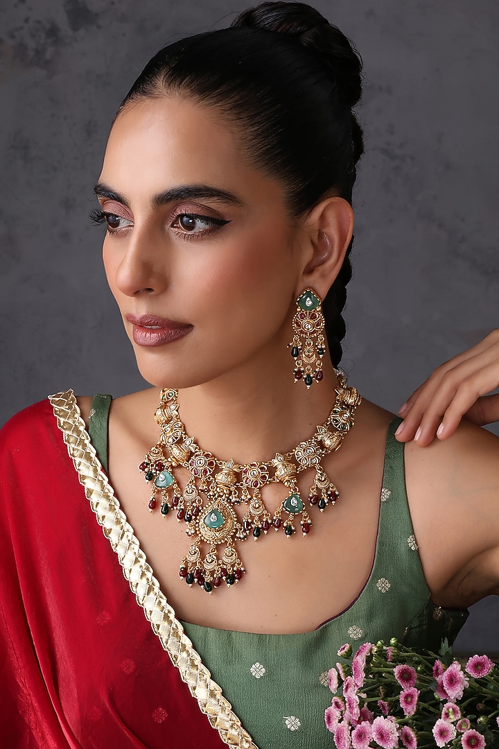 Gold Finish Multi-Colored Kundan Polki Handcrafted Temple Necklace Set by Swabhimann Jewellery at Pernia's Pop Up Shop