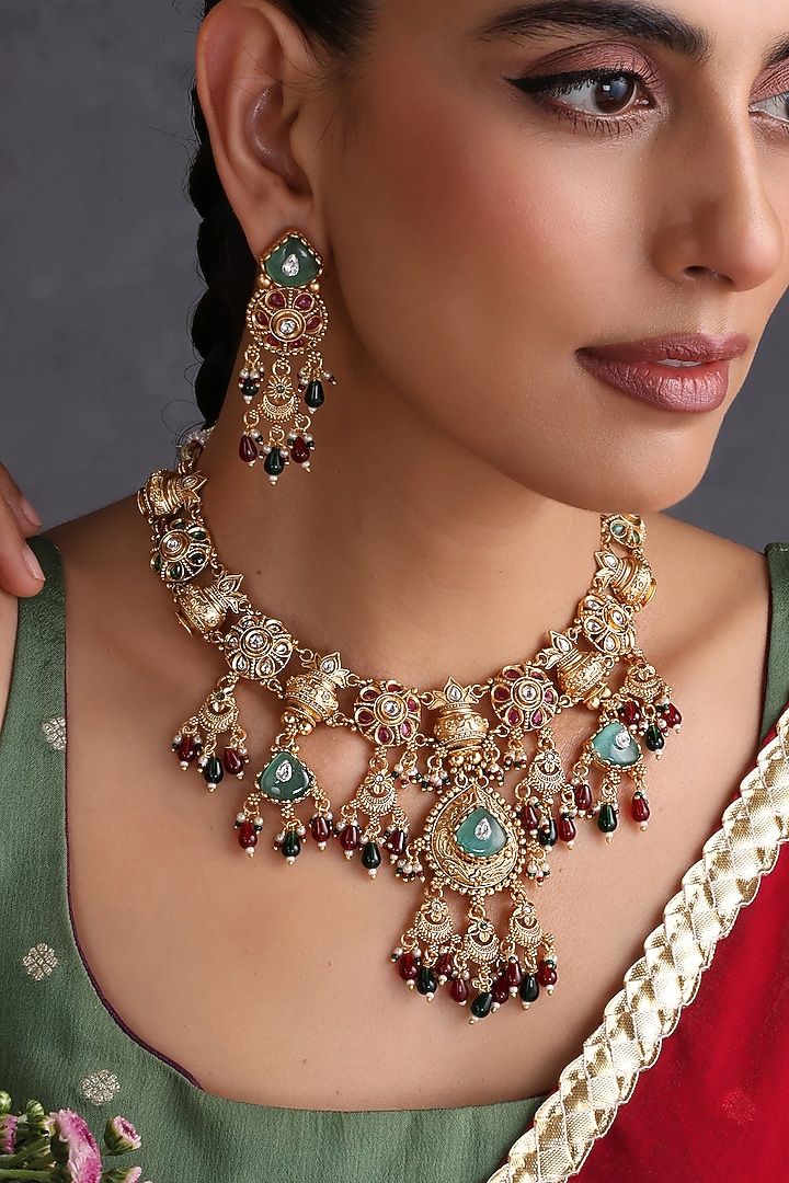 Gold Finish Multi-Colored Kundan Polki Handcrafted Temple Necklace Set by Swabhimann Jewellery at Pernia's Pop Up Shop