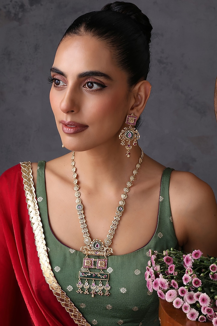 Gold Finish Multi-Colored Handcrafted Temple Pendant Necklace Set by Swabhimann Jewellery at Pernia's Pop Up Shop