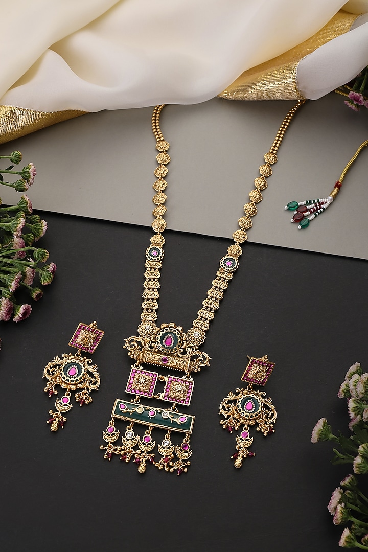 Gold Finish Multi-Colored Handcrafted Temple Pendant Necklace Set by Swabhimann Jewellery at Pernia's Pop Up Shop