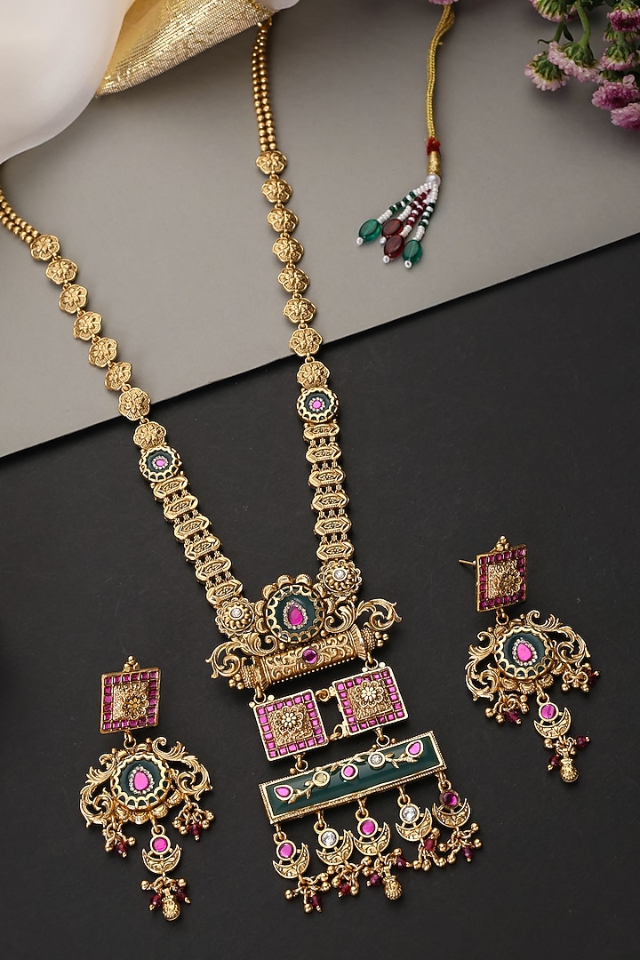 Gold Finish Multi-Colored Handcrafted Temple Pendant Necklace Set by Swabhimann Jewellery at Pernia's Pop Up Shop