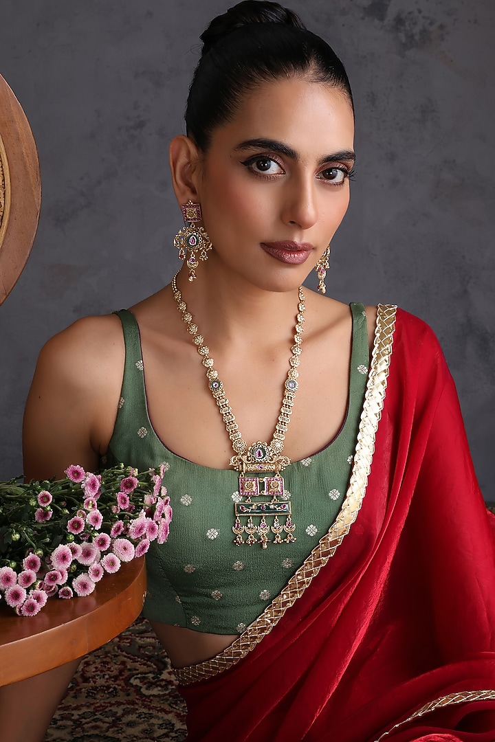Gold Finish Multi-Colored Handcrafted Temple Pendant Necklace Set by Swabhimann Jewellery at Pernia's Pop Up Shop