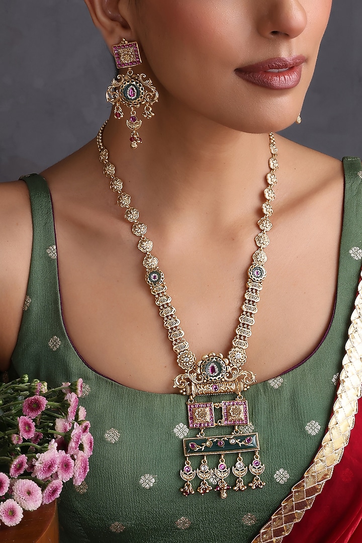 Gold Finish Multi-Colored Handcrafted Temple Pendant Necklace Set by Swabhimann Jewellery at Pernia's Pop Up Shop