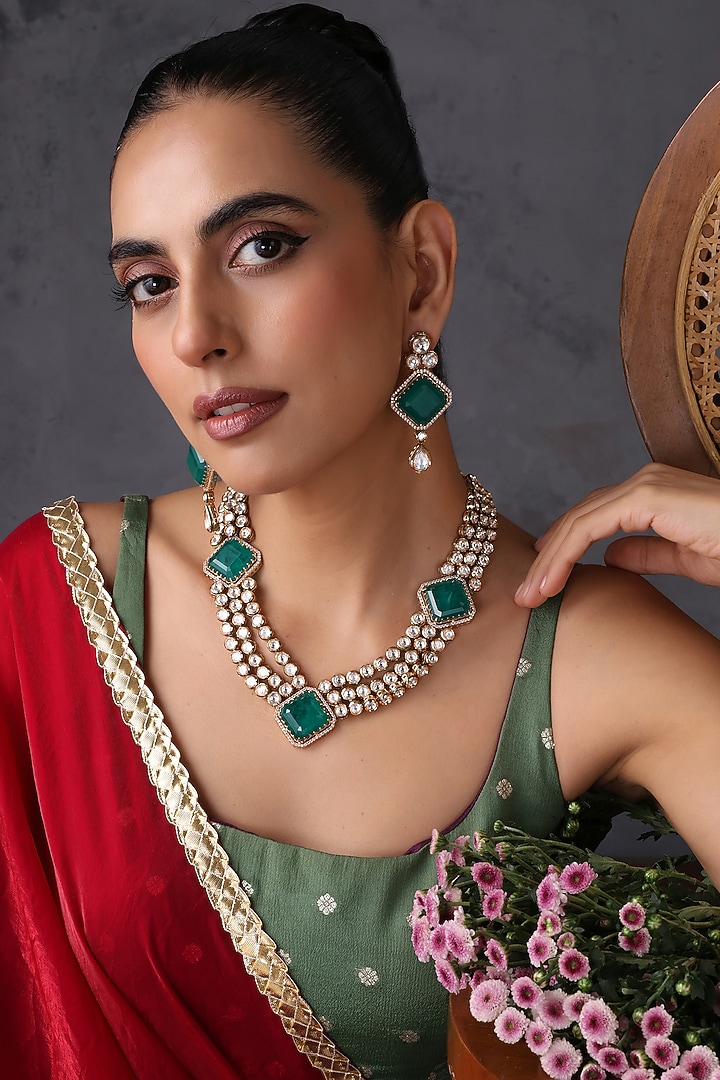 Gold Finish Kundan Polki & Emerald Stone Layered Necklace Set by Swabhimann Jewellery at Pernia's Pop Up Shop