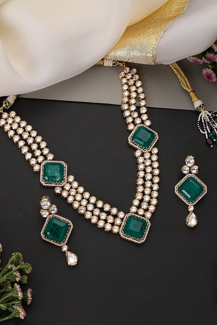 Gold Finish Kundan Polki & Emerald Stone Layered Necklace Set by Swabhimann Jewellery at Pernia's Pop Up Shop