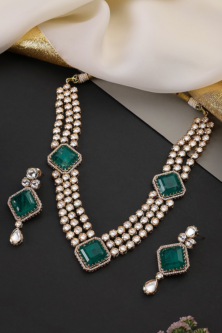 Gold Finish Kundan Polki & Emerald Stone Layered Necklace Set by Swabhimann Jewellery at Pernia's Pop Up Shop