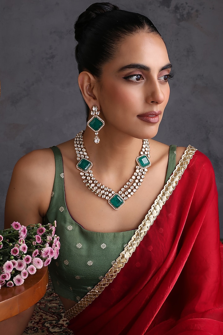 Gold Finish Kundan Polki & Emerald Stone Layered Necklace Set by Swabhimann Jewellery at Pernia's Pop Up Shop