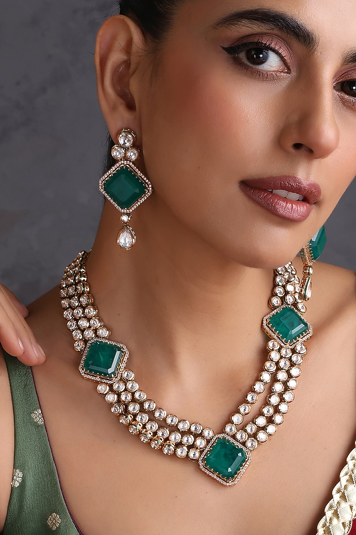 Gold Finish Kundan Polki & Emerald Stone Layered Necklace Set by Swabhimann Jewellery at Pernia's Pop Up Shop
