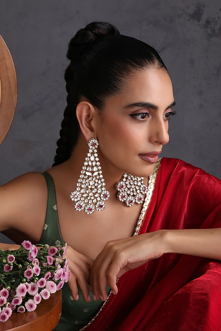 Gold Finish Red Kundan Polki Handcrafted Dangler Earrings by Swabhimann Jewellery at Pernia's Pop Up Shop