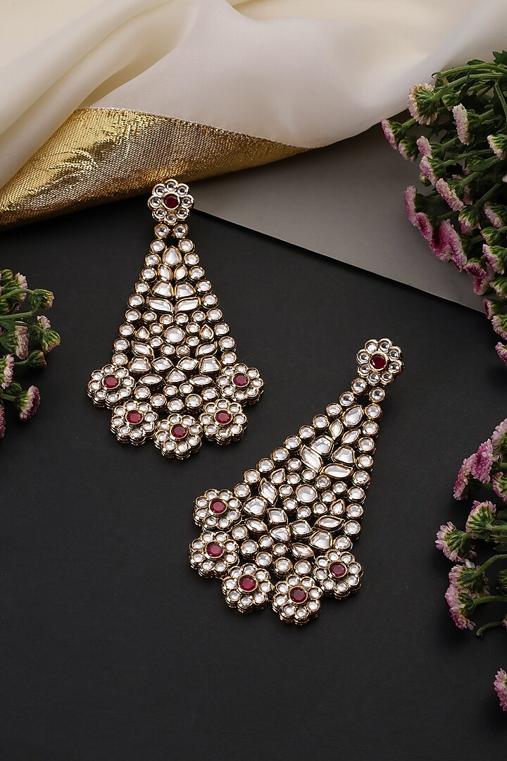 Gold Finish Red Kundan Polki Handcrafted Dangler Earrings by Swabhimann Jewellery at Pernia's Pop Up Shop