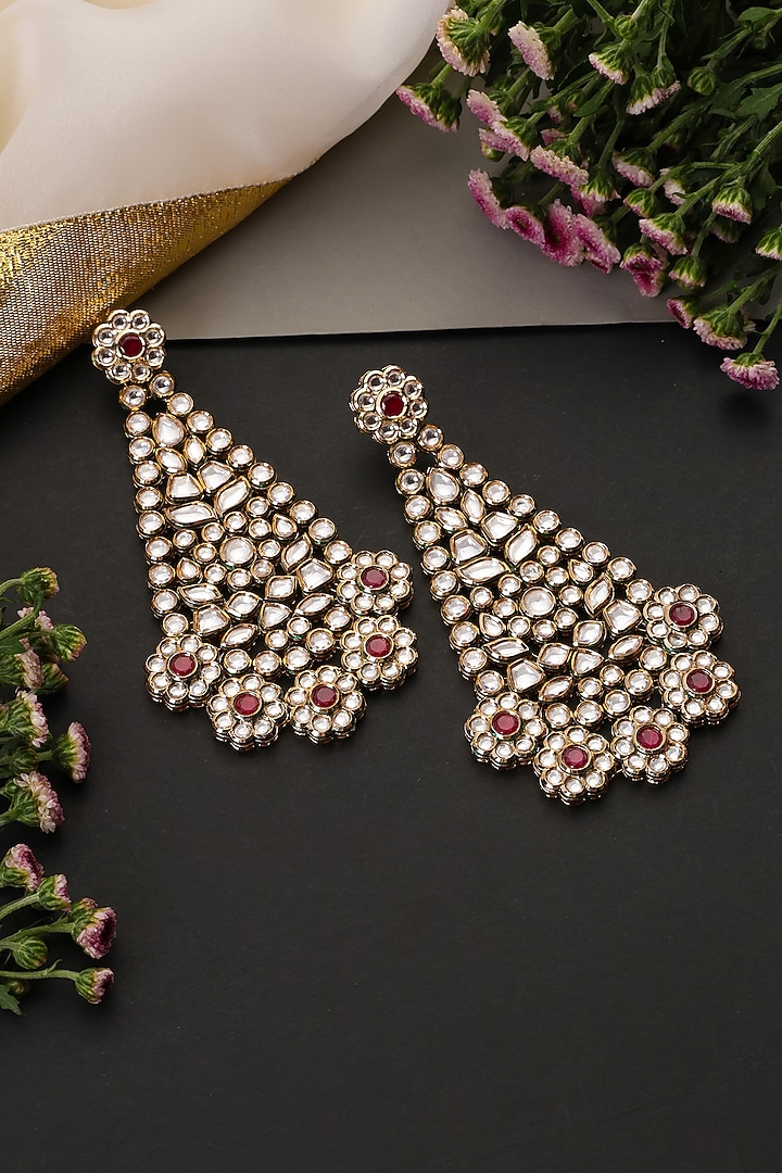 Gold Finish Red Kundan Polki Handcrafted Dangler Earrings by Swabhimann Jewellery at Pernia's Pop Up Shop