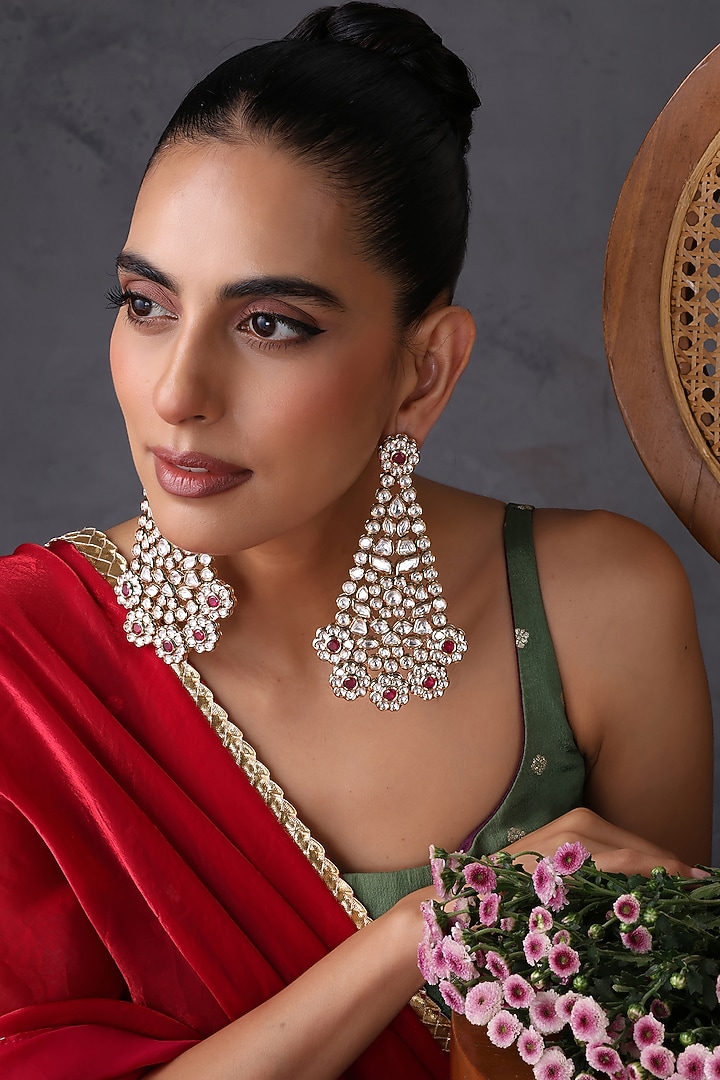 Gold Finish Red Kundan Polki Handcrafted Dangler Earrings by Swabhimann Jewellery at Pernia's Pop Up Shop