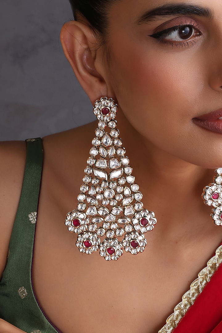 Gold Finish Red Kundan Polki Handcrafted Dangler Earrings by Swabhimann Jewellery at Pernia's Pop Up Shop