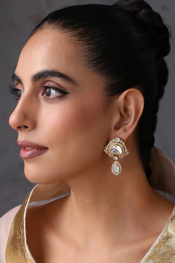 Gold Finish Kundan Polki Handcrafted Stud Earrings by Swabhimann Jewellery at Pernia's Pop Up Shop