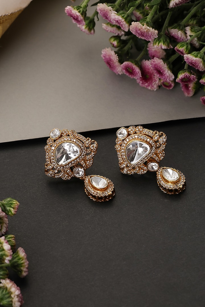 Gold Finish Kundan Polki Handcrafted Stud Earrings by Swabhimann Jewellery at Pernia's Pop Up Shop