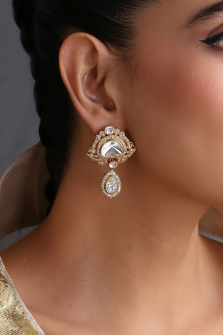 Gold Finish Kundan Polki Handcrafted Stud Earrings by Swabhimann Jewellery at Pernia's Pop Up Shop