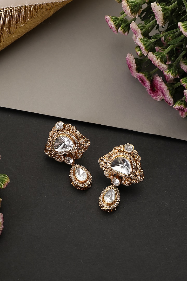Gold Finish Kundan Polki Handcrafted Stud Earrings by Swabhimann Jewellery at Pernia's Pop Up Shop