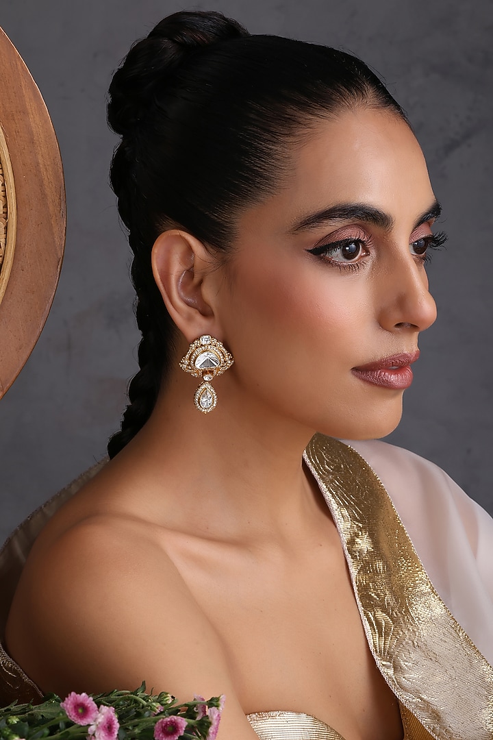 Gold Finish Kundan Polki Handcrafted Stud Earrings by Swabhimann Jewellery at Pernia's Pop Up Shop