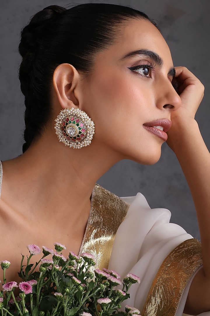 Gold Finish Multi-Colored Kundan Polki Handcrafted Stud Earrings by Swabhimann Jewellery at Pernia's Pop Up Shop