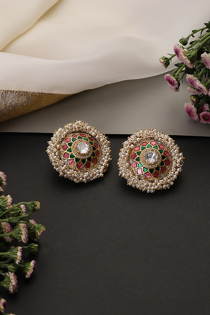 Gold Finish Multi-Colored Kundan Polki Handcrafted Stud Earrings by Swabhimann Jewellery at Pernia's Pop Up Shop