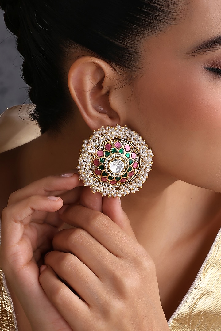 Gold Finish Multi-Colored Kundan Polki Handcrafted Stud Earrings by Swabhimann Jewellery at Pernia's Pop Up Shop