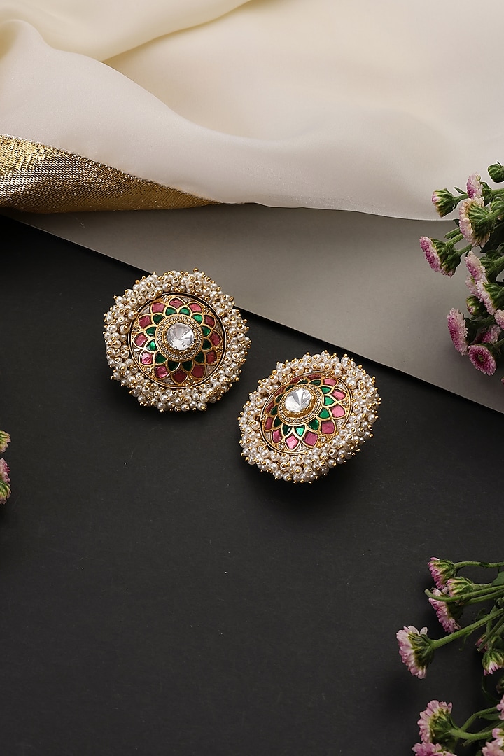 Gold Finish Multi-Colored Kundan Polki Handcrafted Stud Earrings by Swabhimann Jewellery at Pernia's Pop Up Shop