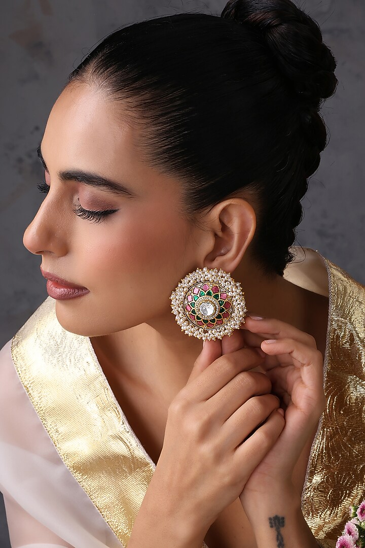 Gold Finish Multi-Colored Kundan Polki Handcrafted Stud Earrings by Swabhimann Jewellery at Pernia's Pop Up Shop