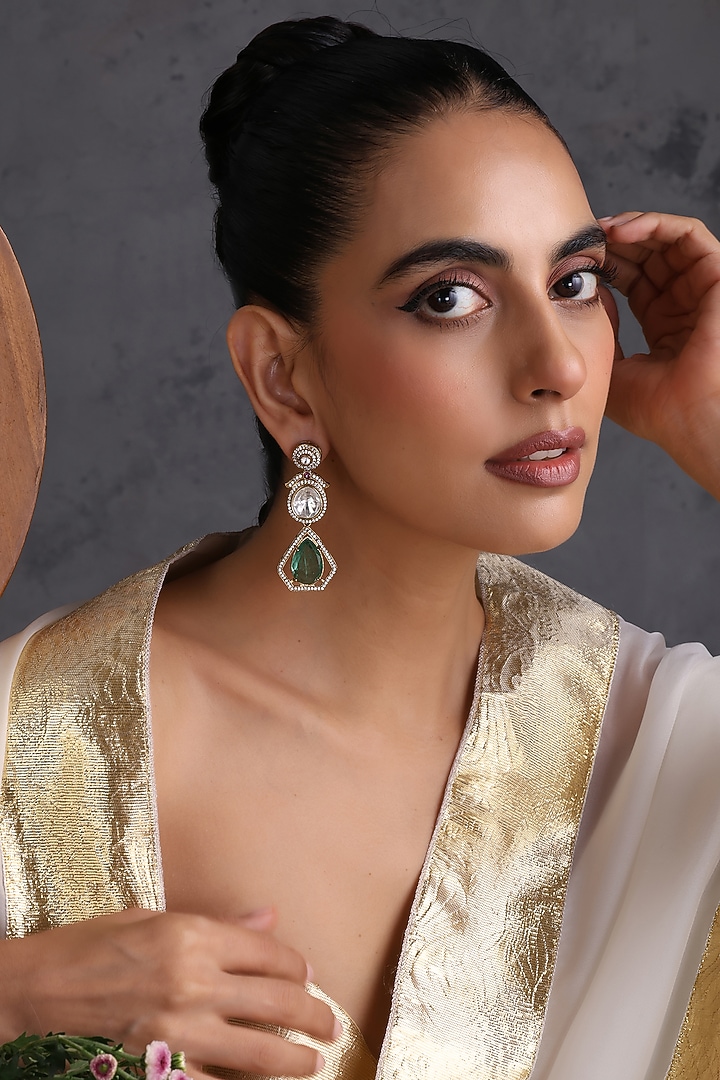 Gold Finish Kundan Polki & Emerald Stone Handcrafted Dangler Earrings by Swabhimann Jewellery at Pernia's Pop Up Shop