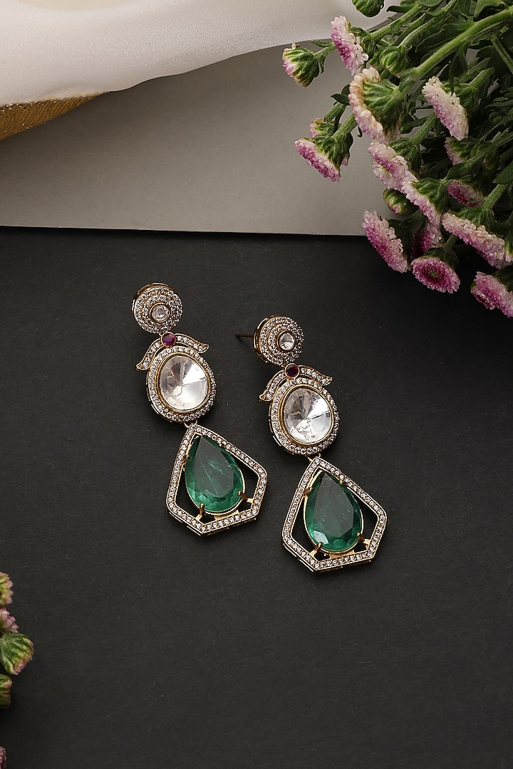 Gold Finish Kundan Polki & Emerald Stone Handcrafted Dangler Earrings by Swabhimann Jewellery at Pernia's Pop Up Shop