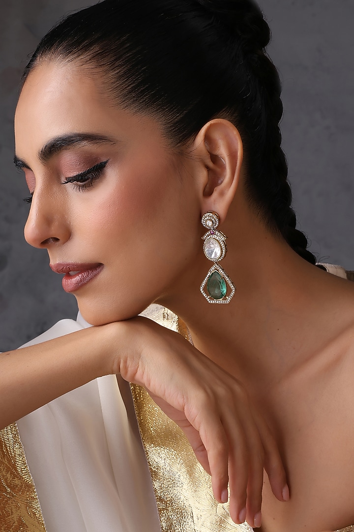 Gold Finish Kundan Polki & Emerald Stone Handcrafted Dangler Earrings by Swabhimann Jewellery at Pernia's Pop Up Shop