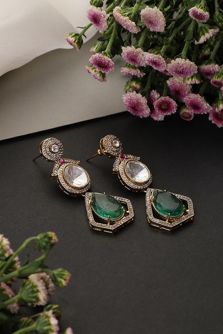 Gold Finish Kundan Polki & Emerald Stone Handcrafted Dangler Earrings by Swabhimann Jewellery at Pernia's Pop Up Shop