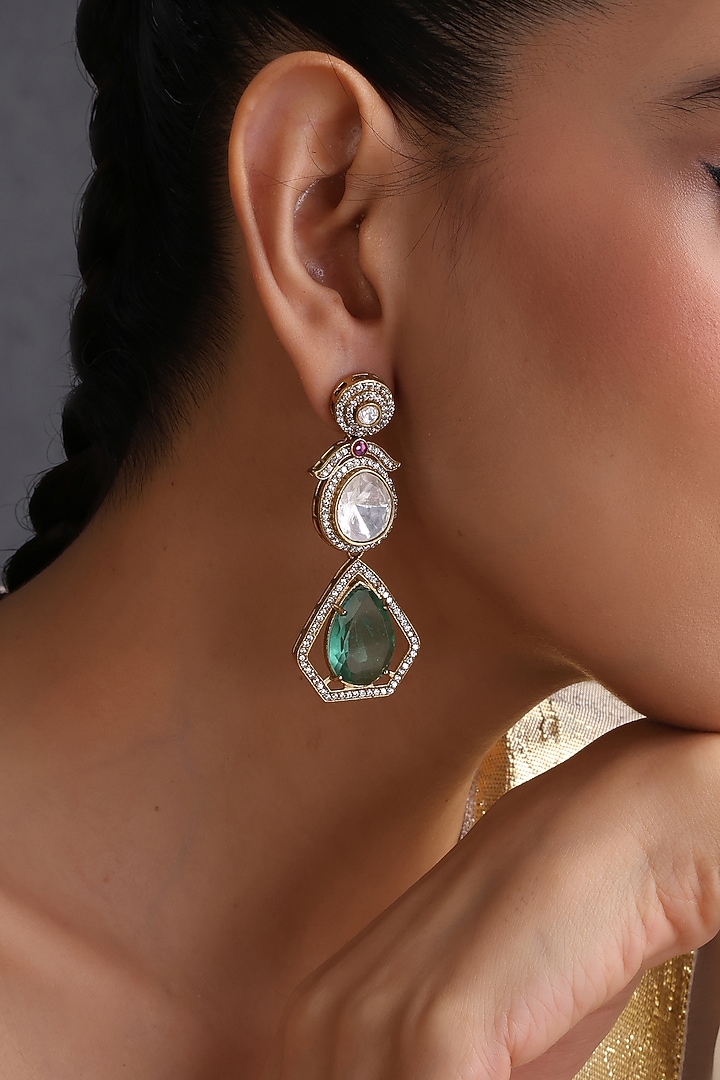 Gold Finish Kundan Polki & Emerald Stone Handcrafted Dangler Earrings by Swabhimann Jewellery at Pernia's Pop Up Shop