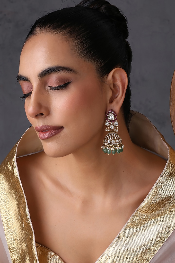 Gold Finish Multi-Colored Kundan Polki Handcrafted Jhumka Earrings by Swabhimann Jewellery at Pernia's Pop Up Shop