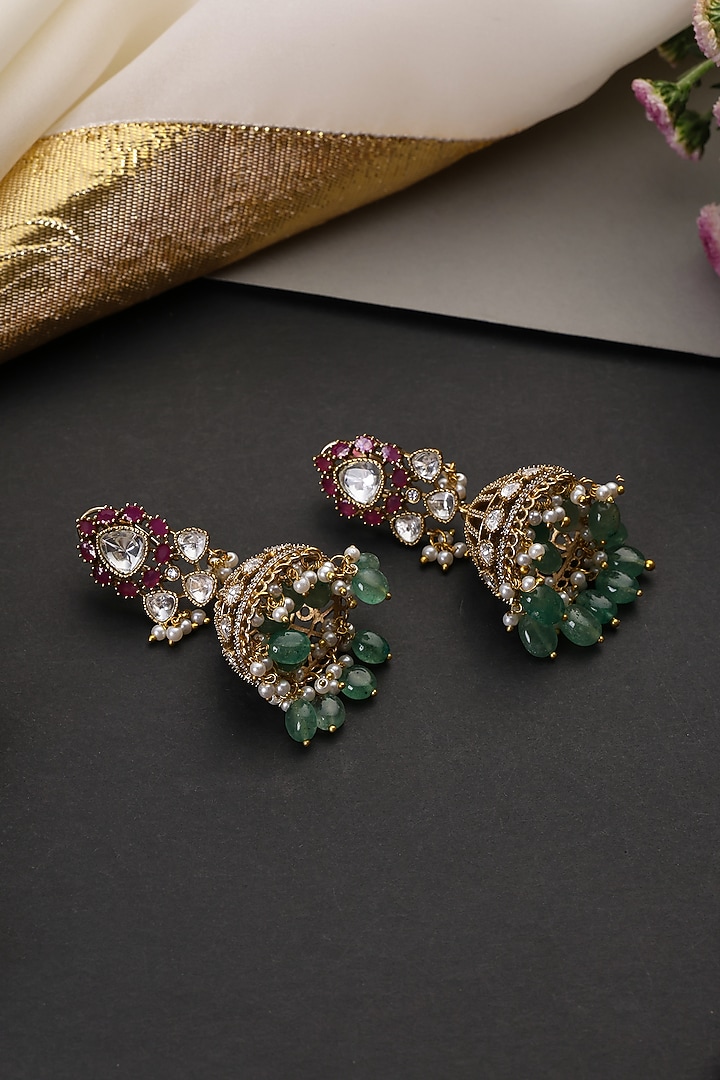 Gold Finish Multi-Colored Kundan Polki Handcrafted Jhumka Earrings by Swabhimann Jewellery at Pernia's Pop Up Shop