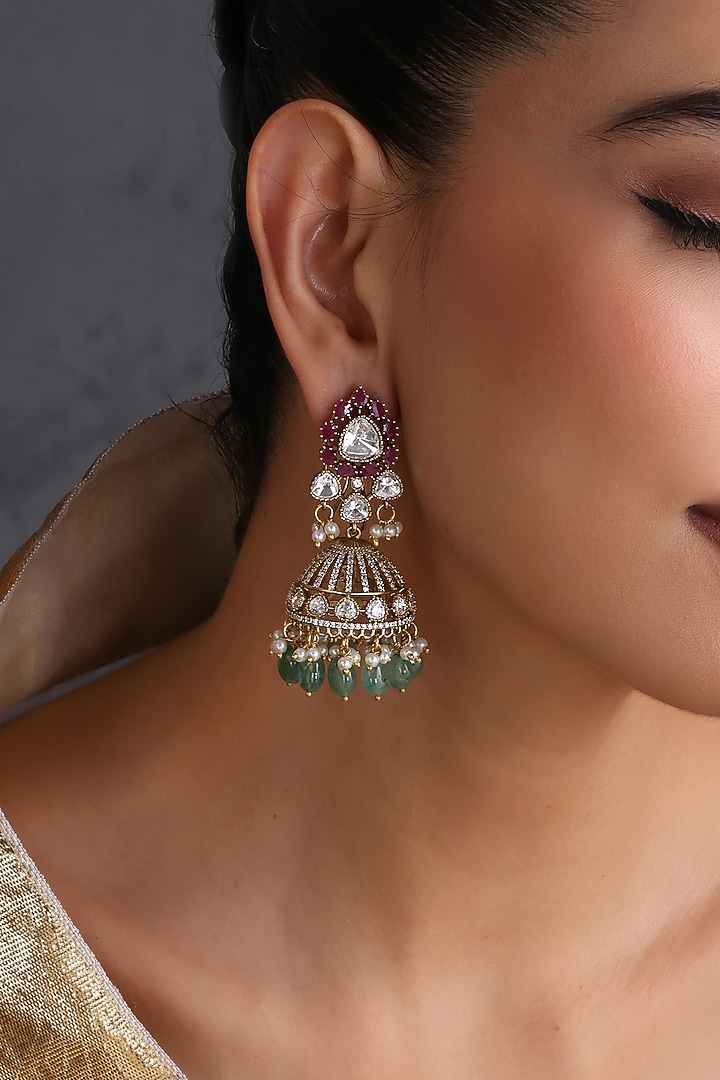 Gold Finish Multi-Colored Kundan Polki Handcrafted Jhumka Earrings by Swabhimann Jewellery at Pernia's Pop Up Shop