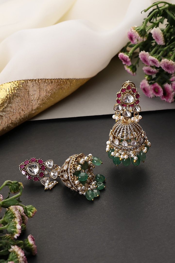 Gold Finish Multi-Colored Kundan Polki Handcrafted Jhumka Earrings by Swabhimann Jewellery at Pernia's Pop Up Shop