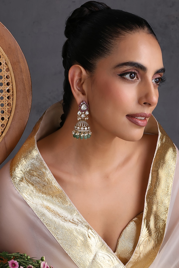 Gold Finish Multi-Colored Kundan Polki Handcrafted Jhumka Earrings by Swabhimann Jewellery at Pernia's Pop Up Shop