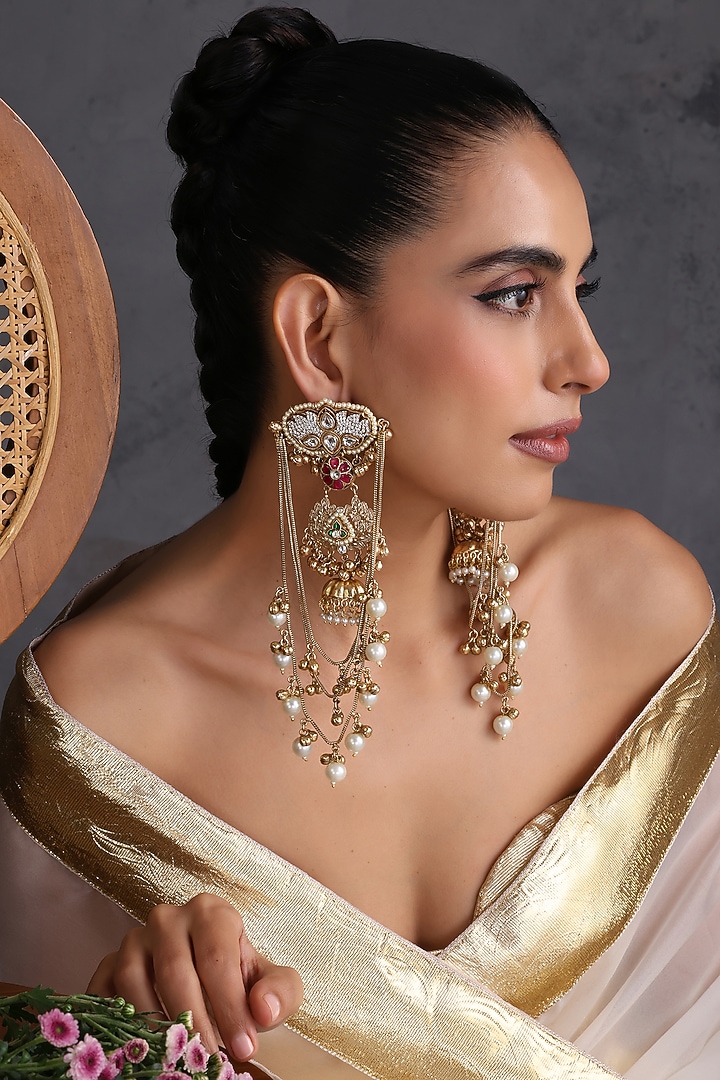 Gold Finish Multi-Colored Kundan Polki Handcrafted Dangler Earrings by Swabhimann Jewellery at Pernia's Pop Up Shop