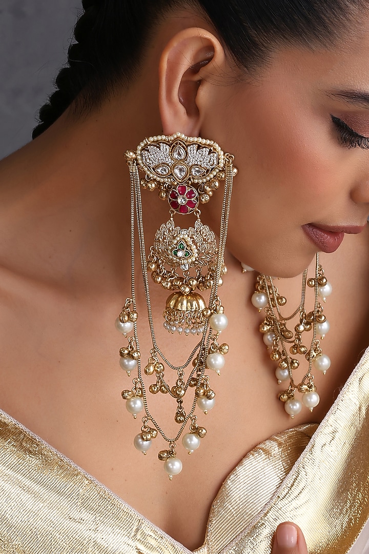 Gold Finish Multi-Colored Kundan Polki Handcrafted Dangler Earrings by Swabhimann Jewellery at Pernia's Pop Up Shop