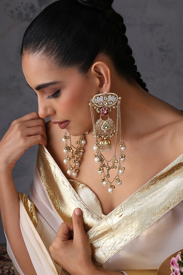 Gold Finish Multi-Colored Kundan Polki Handcrafted Dangler Earrings by Swabhimann Jewellery at Pernia's Pop Up Shop