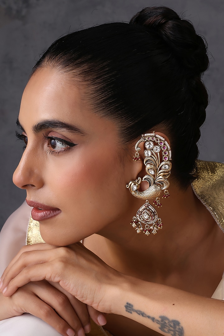 Gold Finish Red Kundan Polki Handcrafted Earcuffs by Swabhimann Jewellery at Pernia's Pop Up Shop